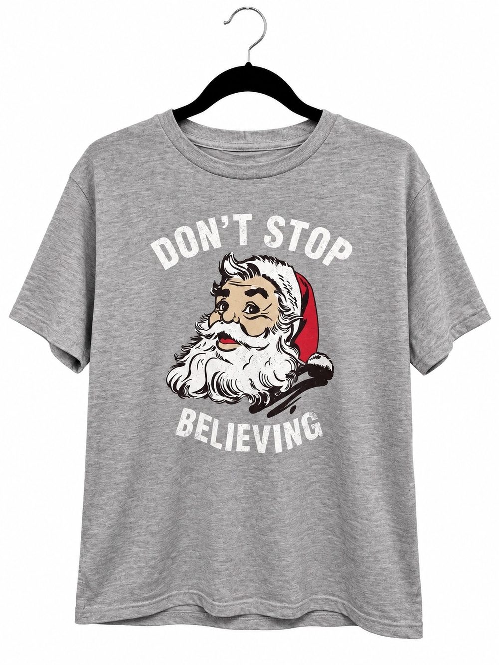 Holiday Time Don’t Stop Believing Santa Christmas Graphic T-Shirt Gray L